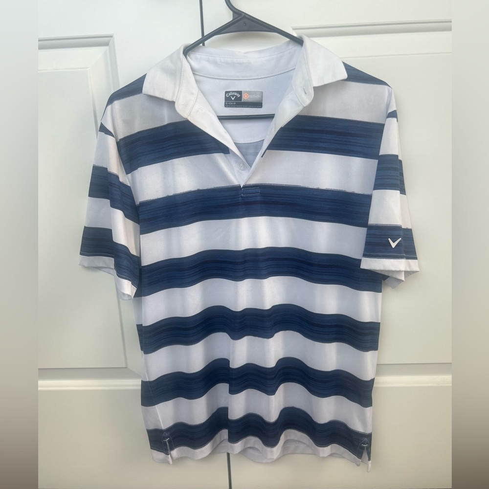 Callaway Golf Polo Shirt Navy White Stripe Performance Moisture-Wicking Size S